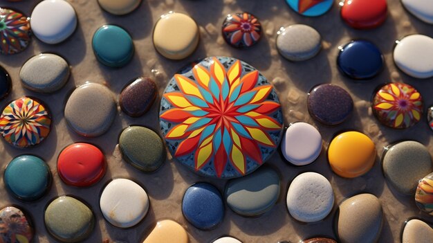 Photo a close up of a colorful rock surrounded by rocks and stones generative ai