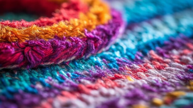 A close up of a colorful rug with a roll of yarn