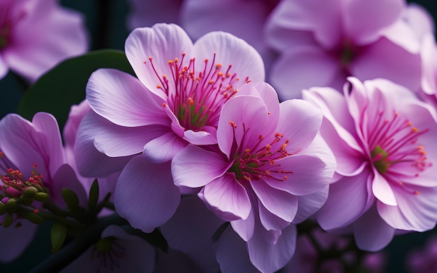 暗い背景にカラフルな桜の花の接写