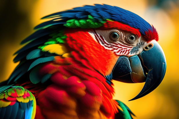 カラフルな緋色のコンゴウインコのオウムのクローズアップ