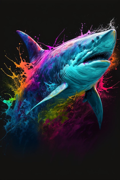 Close up of a colorful shark on a black background generative ai