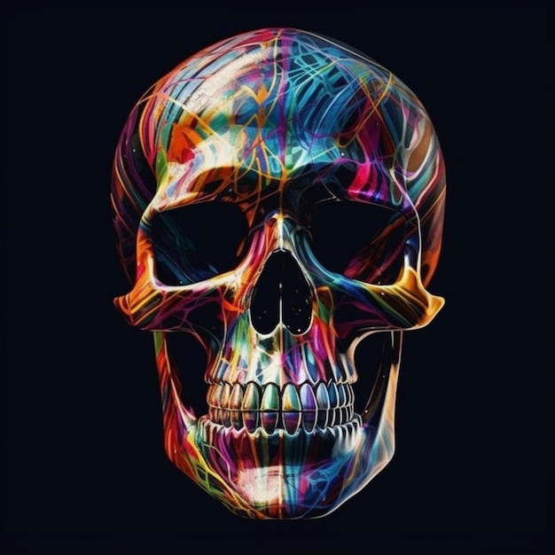 A close up of a colorful skull on a black background generative ai