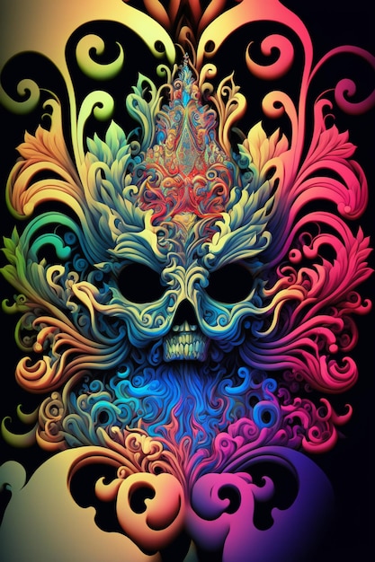 Close up of a colorful skull on a black background generative ai