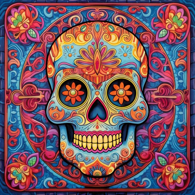 A close up of a colorful skull with a flowered design generative ai