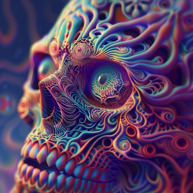 a close up of a colorful skull with a psychedelic look generative ai