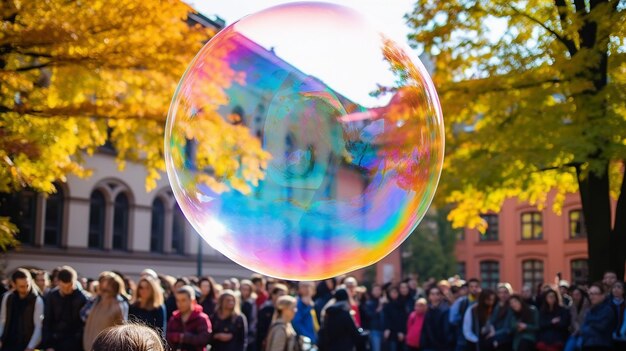 close up of the colorful soap bubble in the bright autumn day