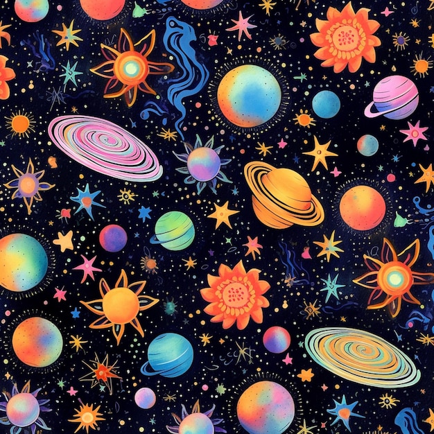 A close up of a colorful space themed background with planets and stars generative ai