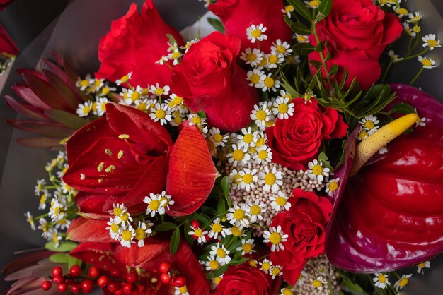 Close-up colorful spring bouquet with many different flowers jelly.