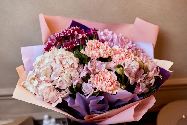 Close-up colorful spring bouquet with many different flowers jelly.