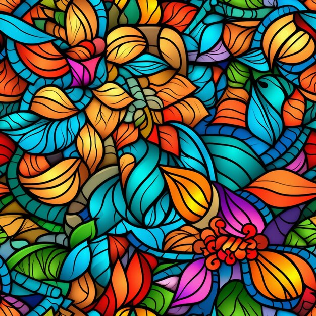 A close up of a colorful stained glass background with leaves generative ai