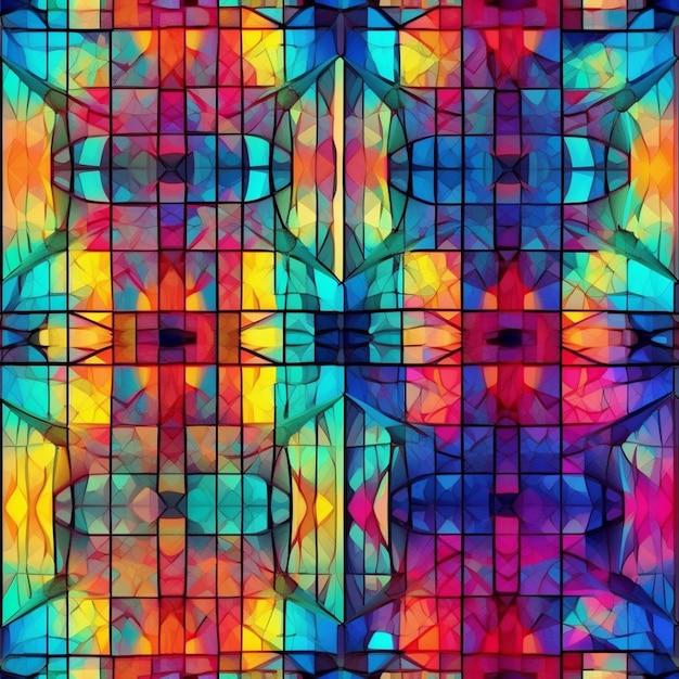 A close up of a colorful stained glass background with a pattern generative ai