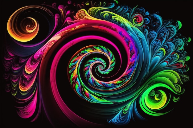 a close up of a colorful swirl on a black background generative ai