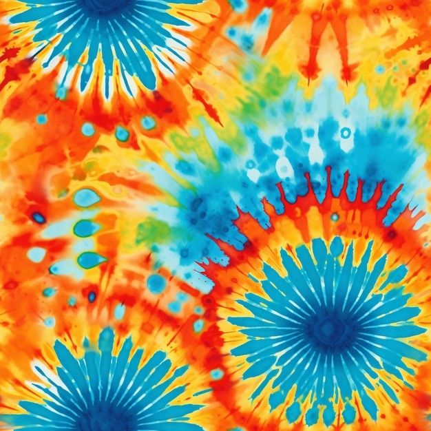 A close up of a colorful tie dye pattern with blue and orange flowers generative ai