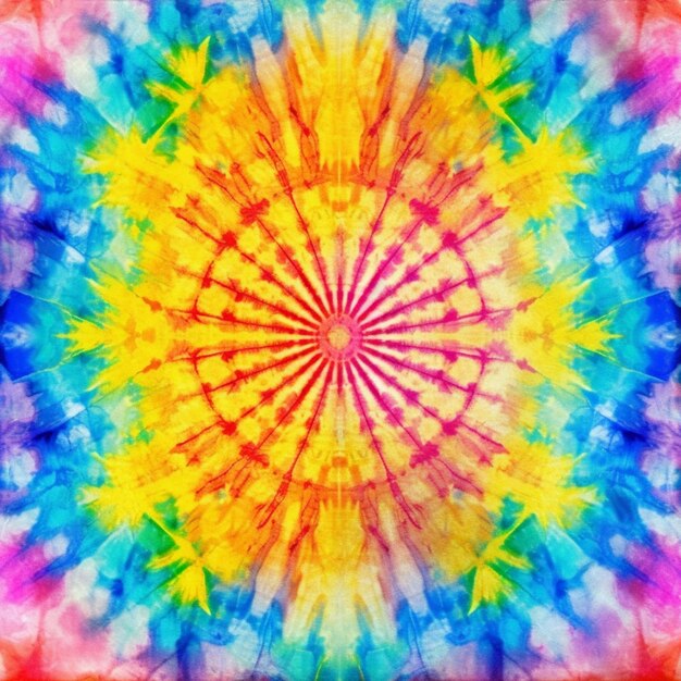 A close up of a colorful tie dye pattern with a starburst generative ai