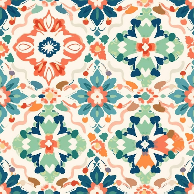 A close up of a colorful tile with a flower design generative ai