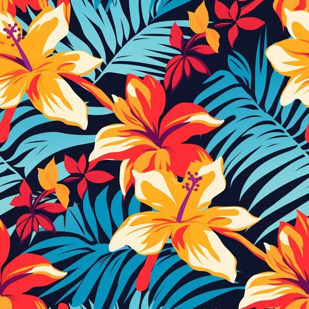 a close up of a colorful tropical flower pattern on a black background generative ai