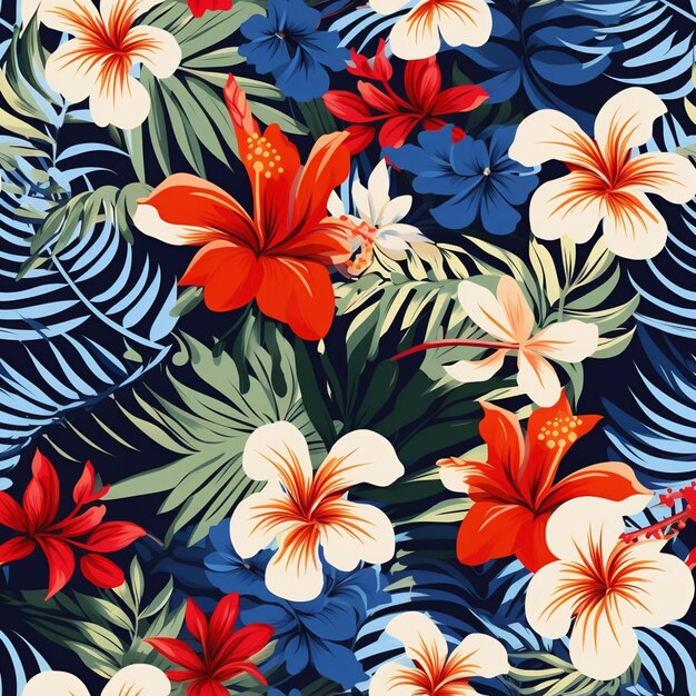 Photo a close up of a colorful tropical flower pattern on a blue background generative ai