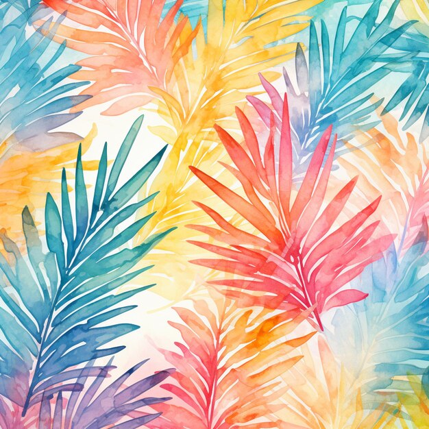 A close up of a colorful watercolor painting of palm leaves generative ai