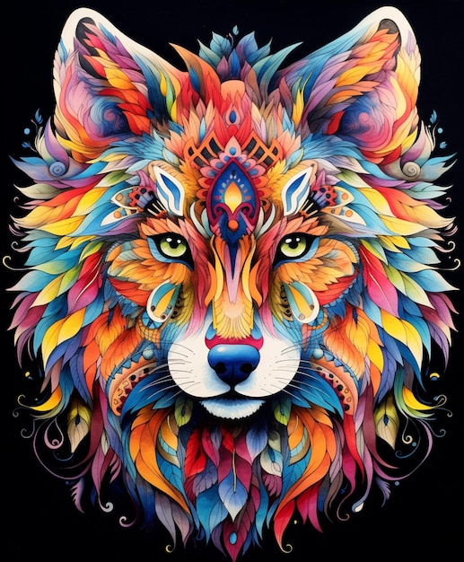 A close up of a colorful wolf with a black background generative ai