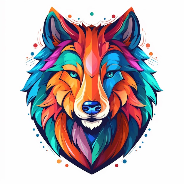 a close up of a colorful wolfs head with a white background generative ai