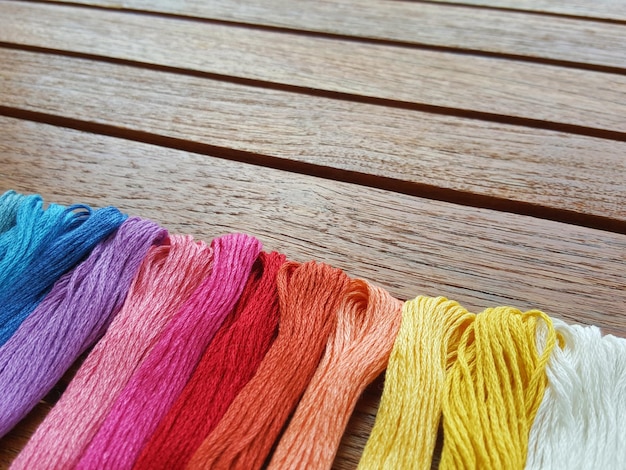 Close-up of colorful wool on wooden table