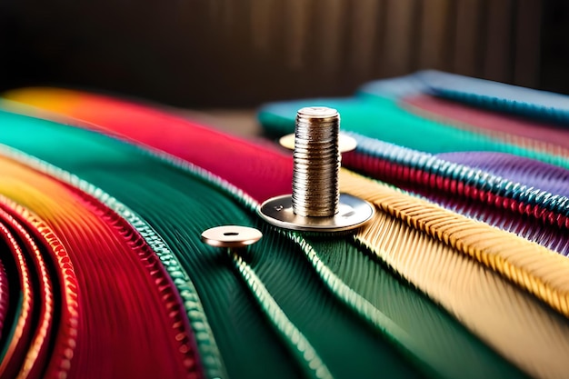 A close up of a colorful zipper with a metal screw on it