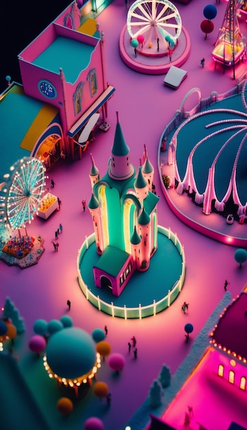 A close up of colorfully lit amusement park generative ai