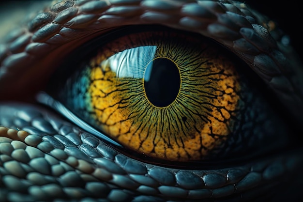 Close up of colourful lizard eye A macro of a reptile multi colored eye Generative AI