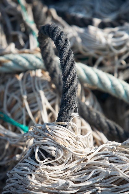 Close-up commercial fishing netting and ropes