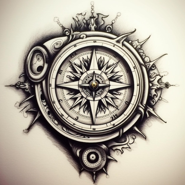 Photo a close up of a compass tattoo design on a white background generative ai