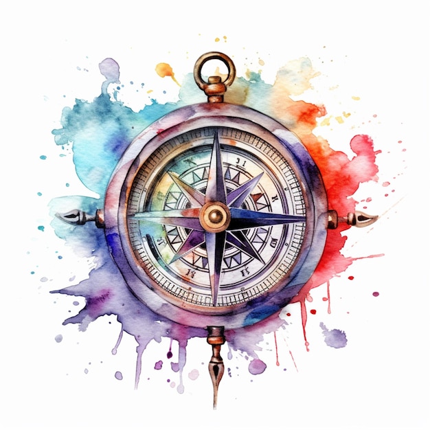 A close up of a compass with a watercolor splash on it generative ai