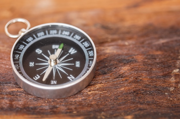 Close up compass on wood background