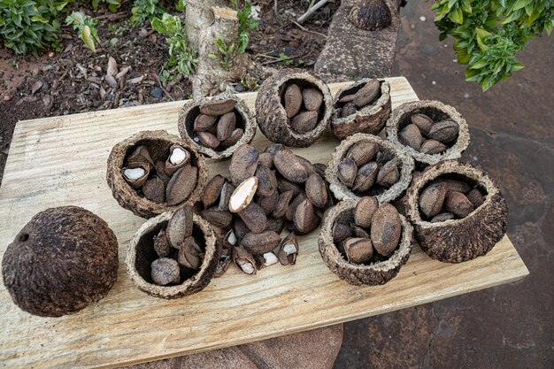 close up composition of Brazil nuts on a board