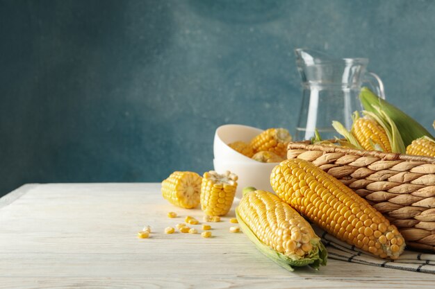 Close up on composition with fresh raw corn