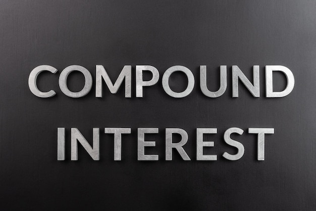 Close-up of compound interest text on black background