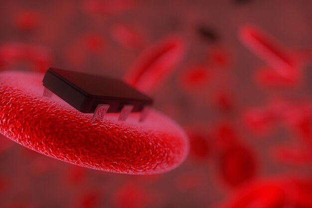 Close-up of computer chip on blood cell