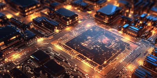 回路基板上のコンピューターチップの拡大図