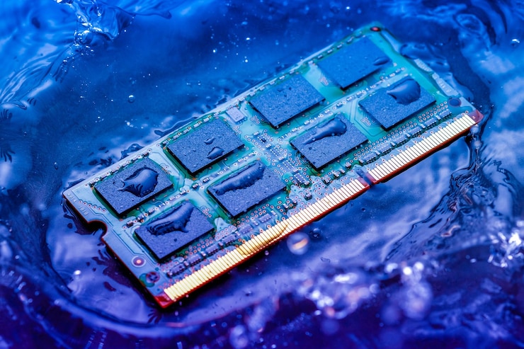 फोटो close-up of computer chip falling in colorful water