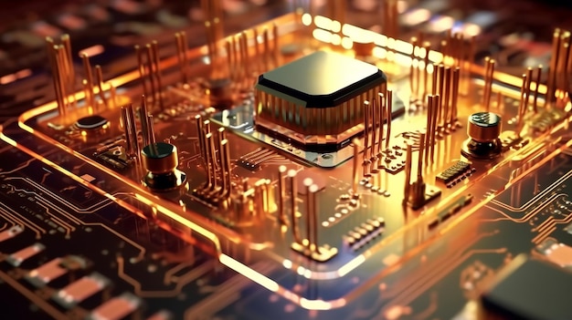 A close up of a computer chip with a circuit board in gold.