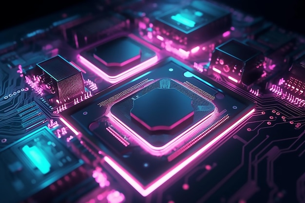 A close up of a computer chip with neon lights on it