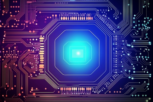 A close up of a computer circuit board with a blue light generative ai