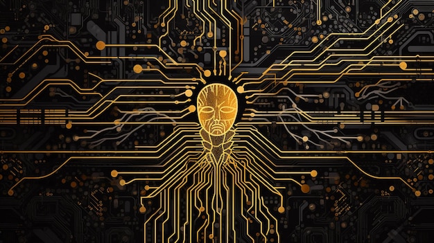 Крупный план компьютерной платы с золотой человеческой головой, генерирующей искусственный интеллект