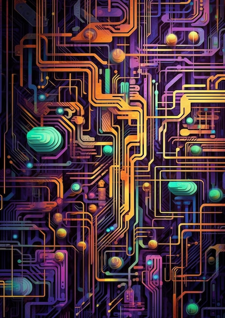 A close up of a computer circuit board with many different colored lights generative ai