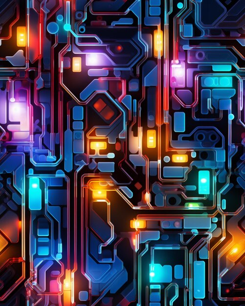 A close up of a computer circuit board with many different colored lights generative ai