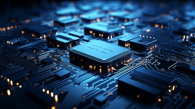 Крупный план компьютерной платы со множеством мелких электронных компонентов, генерирующих искусственный интеллект