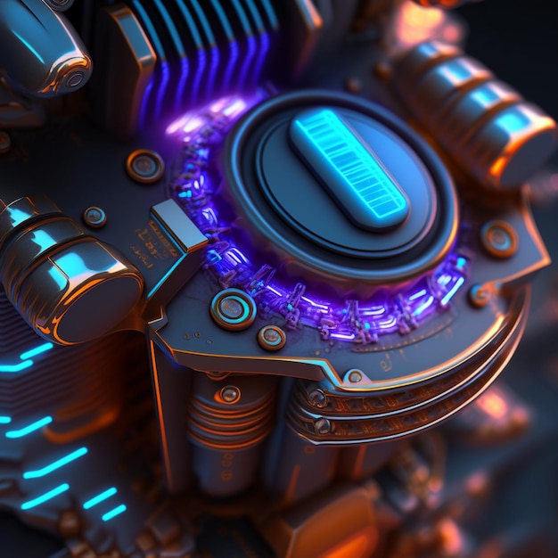 a close up of a computer engine with a glowing blue button generative ai