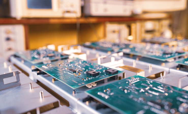 Photo close-up computer green microcircuits lie row after row in the industrial production of computers and office equipment. concept of developing new technologies and storing information
