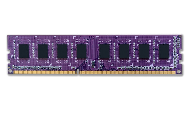 Close up of the computer memory module of the purple circuit board on a white background