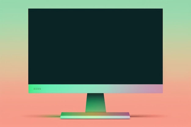 Close up of computer monitor with blank screen and copy space on green to pink background