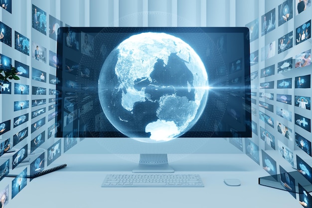 Photo close up of computer monitor with creative glowing polygonal globe with rows of images on blurry background connecting businesspeople video conference concept